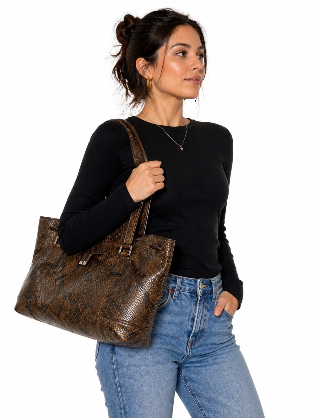 Brown Snake-Print Tote Bag with Double Shoulder Straps